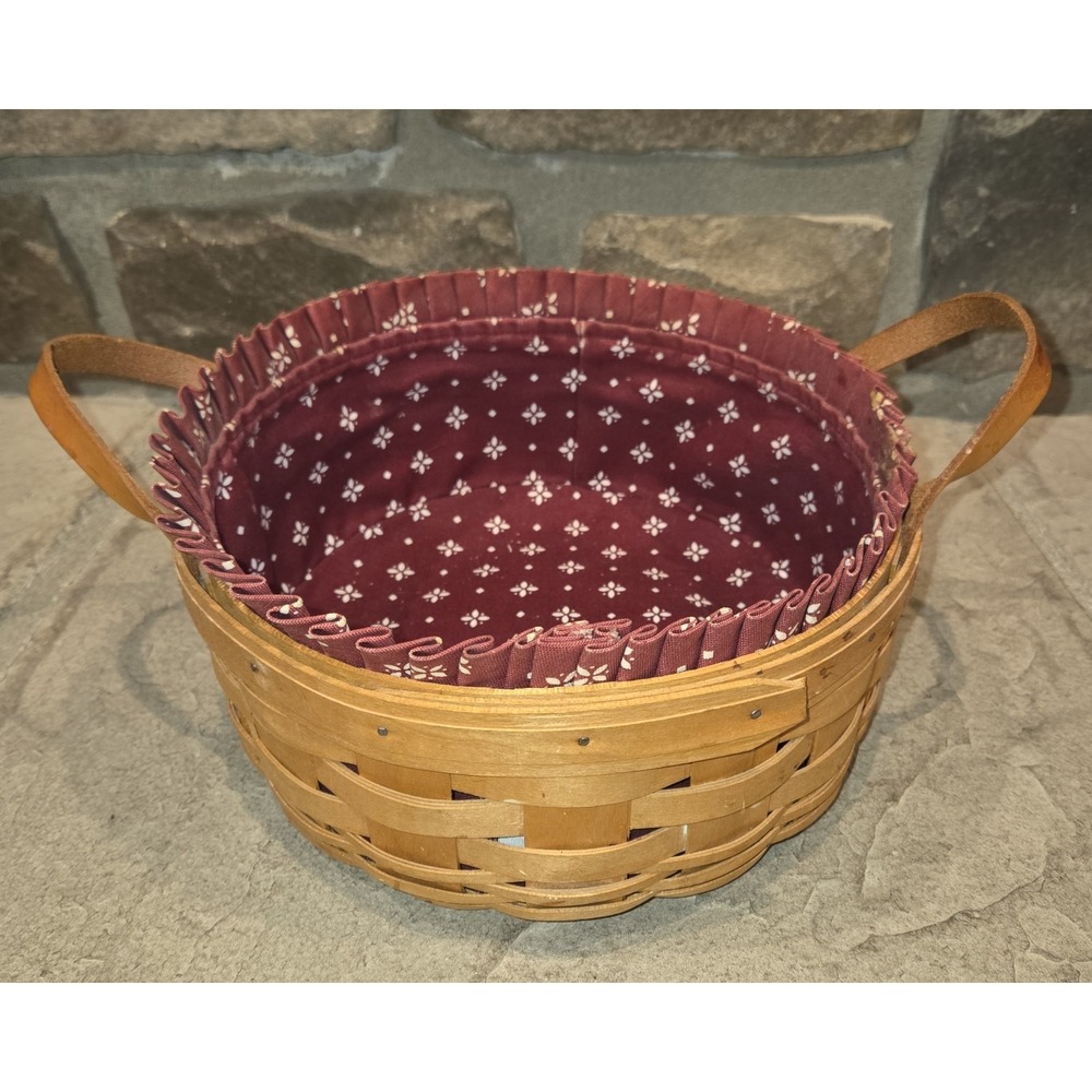 10" Longaberger Round Woven Berry Basket Vintage 2000 Fabric Burgandy Liner